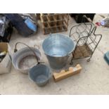 AN ASSORTMENT OF ITEMS TO INCLUDE A JAM PAN, WINE RACK AND METAL BUCKET