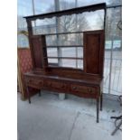 A GEORGE III OAK AND CROSSBANDED DRESSER WITH OVAL SHELL INLAYS, THREE DRAWERS, ON TURNED LEGS, WITH