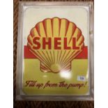 A VINTAGE STYLE METAL FRAMED 'SHELL' PETROL WALL ART PICTURE 44CM X 34CM