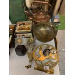 AN ASSORTMENT OF ITEMS TO INCLUDE COPPER KETTLE, BRASS WARE ETC