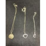 THREE SILVER NECKLACES TO INCLUDE SHELL, HEART AND C PENDANTS