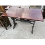 A CAST IRON PUB TABLE WITH MAHOGANY TOP, 36.5x18"