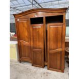 A MODERN THREE DOOR CHERRYWOOD WARDROBE, 75" WIDE, 79" HIGH AND 25" DEEP