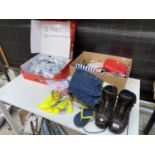 AN ASSORTMENT OF ITEMS TO INCLUDE WORK BOOTS, HANDBAGS AND CURTAIN TIE BACKS ETC