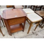 A MAHOGANY SEWING BOX TABLE WITH CANTED CORNERS AND TWO STOOLS