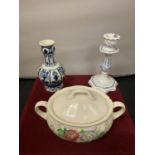 THREE CERAMIC ITEMS TO INCLUDE A DELPH VASE, COALPORT CANDLESTICK AND A LIDDED DISH (A/F SEE PHOTO)