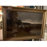 AN ORIGINAL SIGNED GILT FRAMED OIL ON BOARD OF SHEEP IN FARM LANDSCAPE (42X57 CMS)