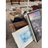 A LARGE QUANTITY OF HOUSEHOLD CLEARENCE ITEMS TO INCLUDE A RECORD PLAYER AND PRINTS AND PICTURES
