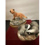 TWO HANDPAINTED WILDLIFE STUDIES BY ARENA OF A FOX AND BADGERS (A/F CRACK IN BASE)