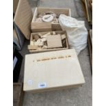 A LARGE QUANTITY OF WOODEN ITEMS TO INCLUDE A JEWELLERY BOX AND ENGRAVED LOG RINGS ETC