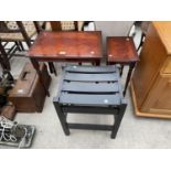 TWO MAHOGANY OCCASIONAL TABLES AND A SLATTED STOOL