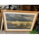 A FRAMED SIGNED PRINT 'DARK SKY - PINTAILS' BY MAYNARD REECE