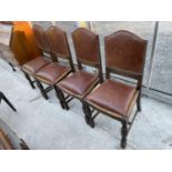 FOUR EARLY 20TH CENTURY OAK DINING CHAIRS ON TURNED FRONT LEGS