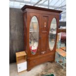 AN EDWARDIAN MAHOGANY AND INLAID DOUBLE MIRROR DOOR WARDROBE - 52" WIDE