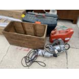 AN ASSORTMENT OF ITEMS TO INCLUDE A VINTAGE PETROL CAN, POWER TOOLS AND TOOL BOXES ETC