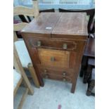 A REGENCY MAHOGANY AND INLAID WASHSTAND COMMODE WITH PULL-UP VANITY MIRROR WITH ENAMEL BASIN BUT