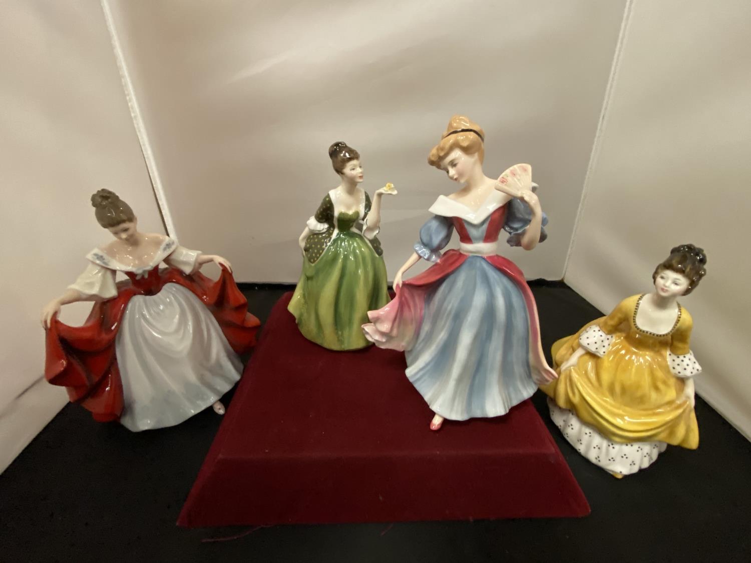 FOUR ROYAL DOULTON FIGURINES (SECONDS) TO INCLUDE SARA, FLEUR, CORALIE AND FIGURE OF THE YEAR AMY