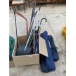 AN ASSORTMENT OF ITEMS TO INCLUDE FOLD OUT CAMPING CHAIRS, WALKING STICK AND GOLF CLUBS ETC
