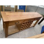 A MODERN OAK SIDEBOARD WITH THREE DRAWERS AND TWENTY SECTION WINE RACK - 71" WIDE