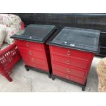 A PAIR OF STAG RED AND BLACK PAINTED BEDSIDE CHESTS