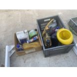AN ASSORTMENT OF ITEMS TO INCLUDE CAR WAX, ENGINE OIL AND A FUNNEL ETC