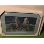 A FRAMED PRINT OF TIGERS IN AN ARCTIC LANDSCAPE - ARTIST UNKNOWN