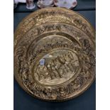 TWO VERY LARGE EQUINE RELATED BRASS CHARGERS (ONE D:57CM)AND A FURTHER SMALLER EXAMPLE