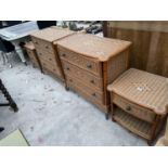 AN UNUSUAL BEDROOM SET OF TWO RATTAN CHESTS OF THREE DRAWERS AND TWO BEDSIDE CABINETS
