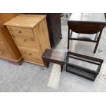 A PINE STOOL, MAGAZINE RACK AND MODERN FILING CABINET