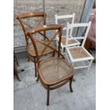 A PAIR OF MODERN BENTWOOD CHAIRS WITH SPLIT CANE SEATS AND A PAIR OF WHITE PAINTED BEDROOM CHAIRS