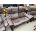 A STRESSLESS BROWN LEATHER TWO SEATER SOFA