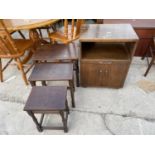 A NEST OF THREE OAK TABLES AND BEDSIDE LOCKER