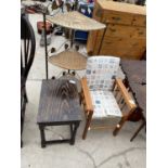 A METALWARE CORNER UNIT WITH WICKER SHELVES, SMALL TABLE AND CHILDS FIRESIDE CHAIR