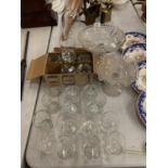A COLLECTION OF VARIOUS GLASSWARE TO INCLUDE DRINKING GLASSES, COMPORTS AND DOME