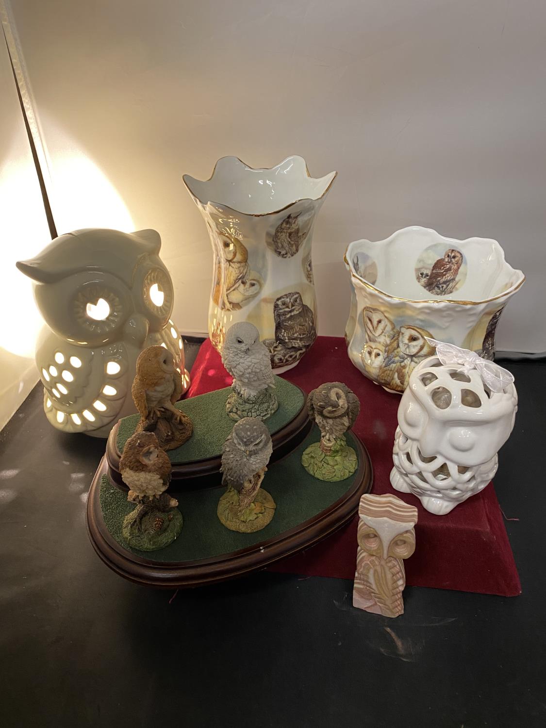 VARIOUS OWL COLLECTION ITEMS TO INLCUDE A LIGHT, A VASE, PLANT POT, FIVE OWLS ON A WOODEN PLINTH AND