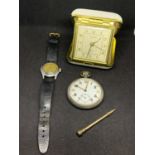 A VINTAGE ANCRE WRISTWATCH, A PROPELLING PENCIL, A EUROPA TRAVEL CLOCK AND A POCKET WATCH