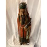 A LARGE CARVED AND HANDPAINTED FIGURE OF A JAPANESE CLERIC (H:90CM)