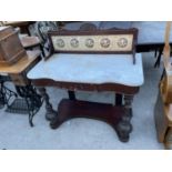 A VICTORIAN MAHOGANY MARBLE TOP WASHSTAND WITH TILED BACK, 36" WIDE