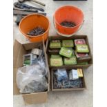 A LARGE QUANTITY OF ASSORTED NAILS AND HARDWARE TO ALSO INCLUDE VINTAGE TOBBACO TINS