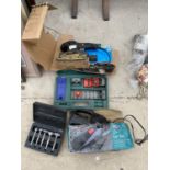 AN ASSORTMENT OF TOOLS TO INCLUDE AN ELECTRIC SANDER, CAR VAX AND ROUTER TIPS ETC