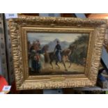 A SMALL GILT FRAMED OIL ON CANVAS DEPICTING MILITARY OFFICER ON HORSEBACK