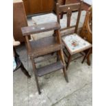 A VICTORIAN OAK LIBRARY CHAIR/STEPS AND A BEDROOM CHAIR