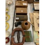VARIOUS VINTAGE WOODEN BOXES TO INCLUDE A PAIR OF BINOCULARS AND A HAT STRETCHER