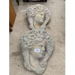 A PAIR OF STONE EFFECT GODDESS WALL PLANTERS WITH HANGING BRACKET