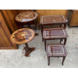 TWO ITALIAN OCCASIONAL TABLES WITH PROFUSELY INLAID TOPS, ON TURNED COLUMN, TOGETHER WITH A NEST