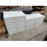 A MODERN FOUR DRAWER BEDROOM CHEST AND TWO SIMILAR TWO DRAWER CHESTS