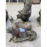 THREE STONE EFFECT GARDEN ORNAMENTS TO INCLUDE AN OTTER AND A SQUIRELL ETC