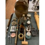 A BRASS COAL BUCKET, A BRASS HAND PUMP AND VARIOUS VINTAGE LAMPS ETC