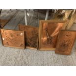 FOUR FRAMED COPPERCRAFT ETCHINGS ONE BEING IN THE FORM OF A CLOCK