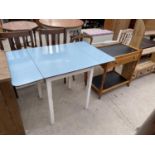 A FORMICA TOP KITCHEN TABLE AND PINE TROLLEY